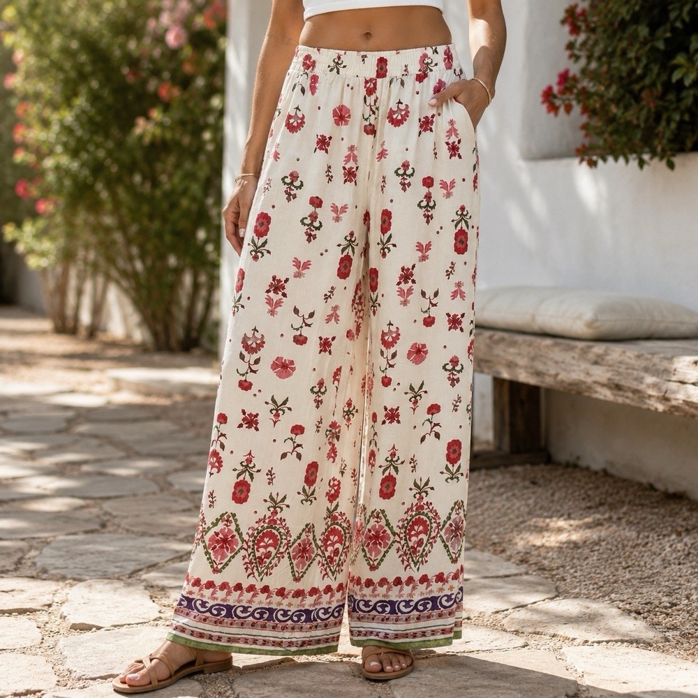 Zara Womens XL Pink Floral Print Wide Leg Trousers Pants Pull On Boho Chic